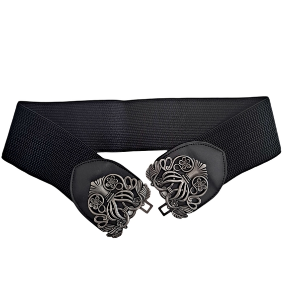 Black floral buckle corset boho elastic wide waist goth party dress belt - Picture 4 of 16